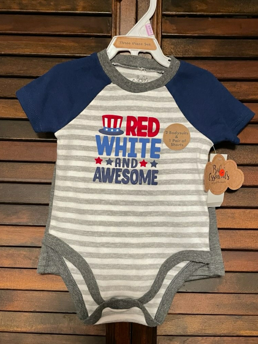 🛍 Baby Essentials Red, White & Blue 'Red White and Awesome' Striped Bodysuit